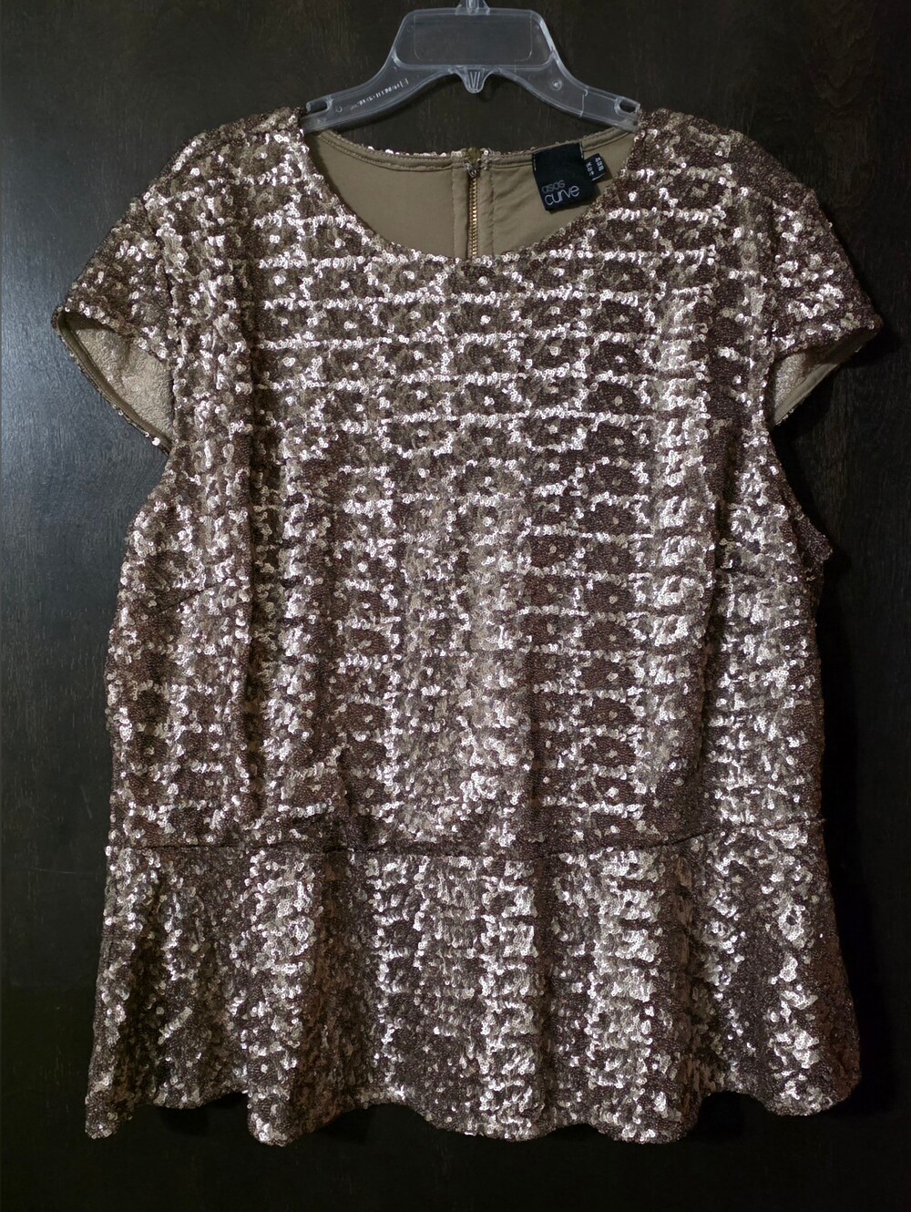 ASOS Curve Bronze Metallic Sequin Peplum Top Stretch Cap Sleeve Size 24